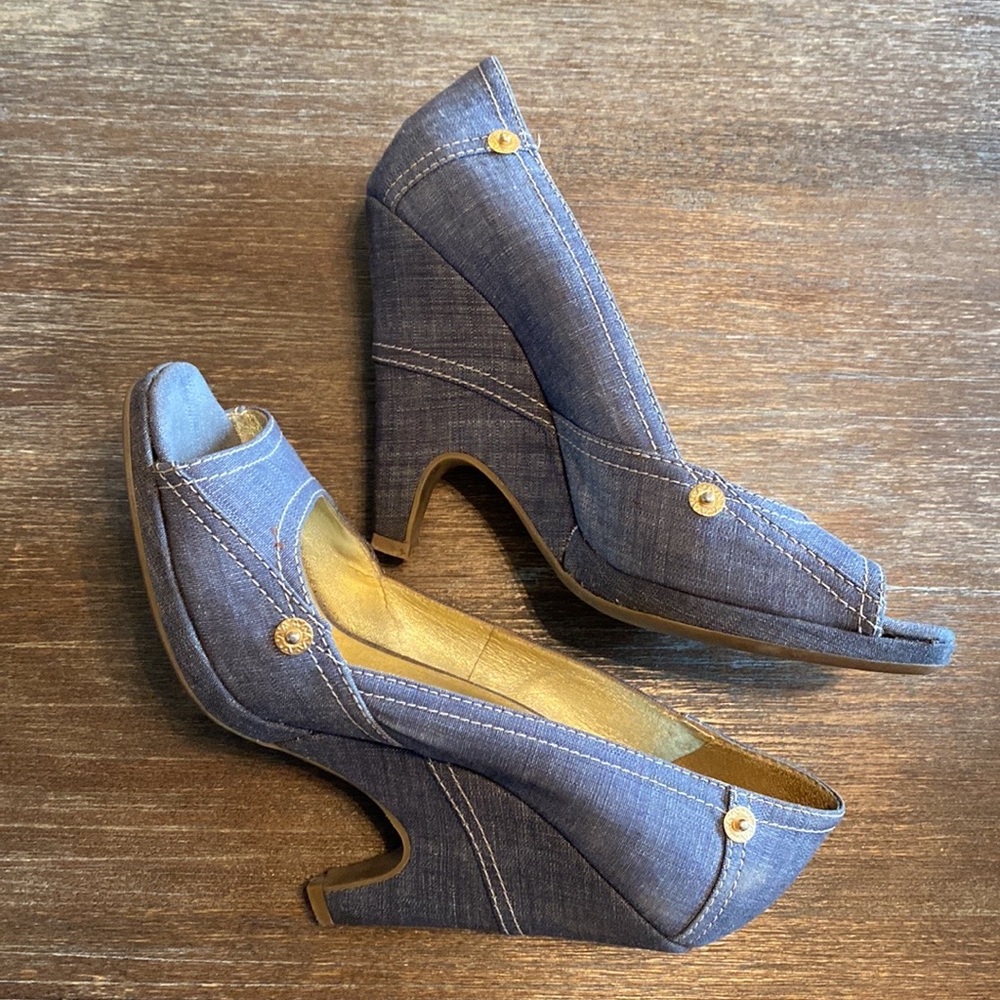 Miu Miu Prada Denim Gold Peeptoe Wedge Heels